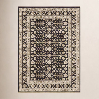 Abena Black Beige Floral Oriental Wool Rug