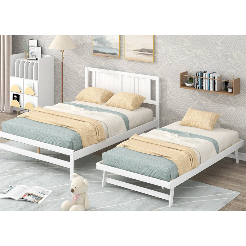 Platform Bed With Adjustable Trundle, White