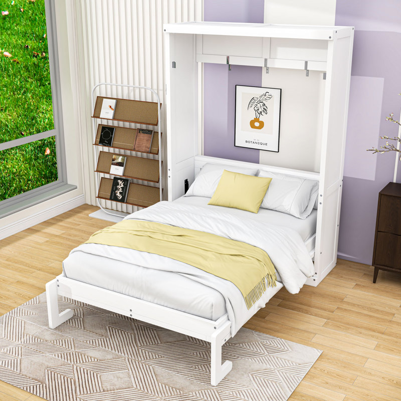 Lit escamotable en bois avec lattes, Lit simple, Blanc