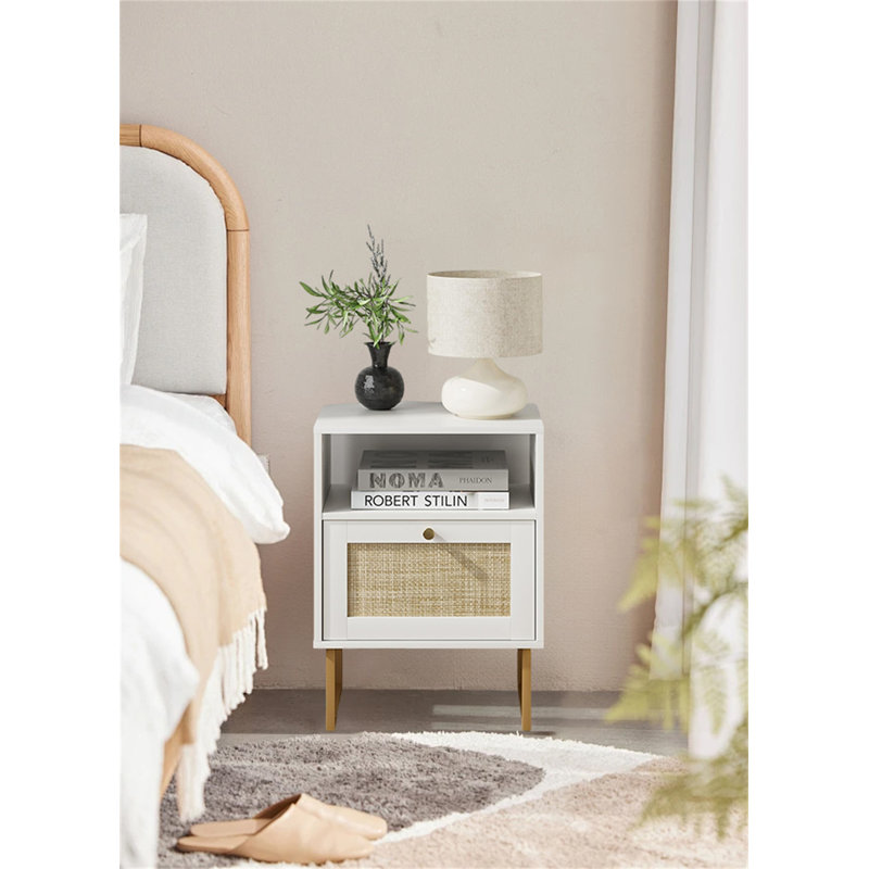 Bohemian Farmhouse Rattan Nightstand, White