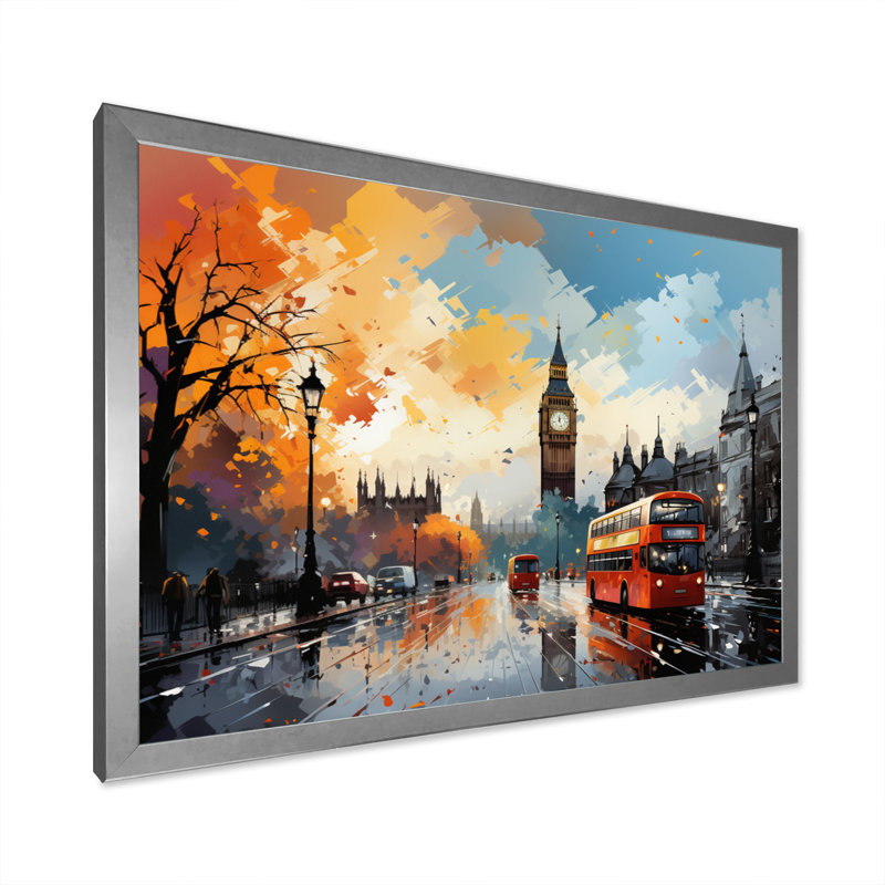 Marel Red Beige City London Popart III - impression, H 34 po x l 44 po x P 1,5 po, Cadre simple argenté