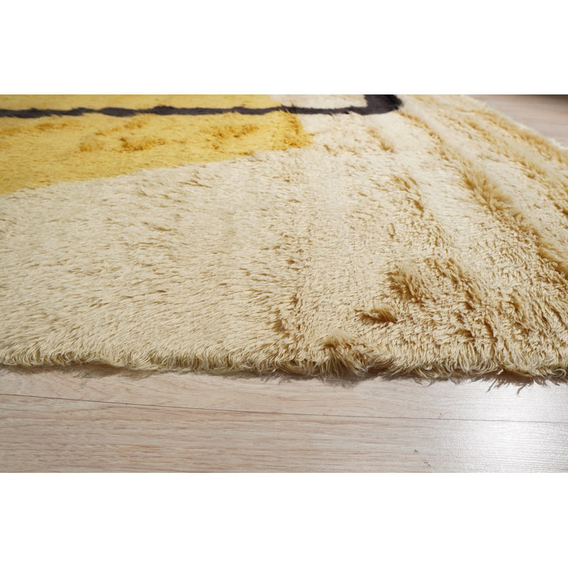 Yellow Hand-Knotted Wool Abstract Outlines Vintage Mid Century Modern Contemporary Carpet Rug, 5' x 8'