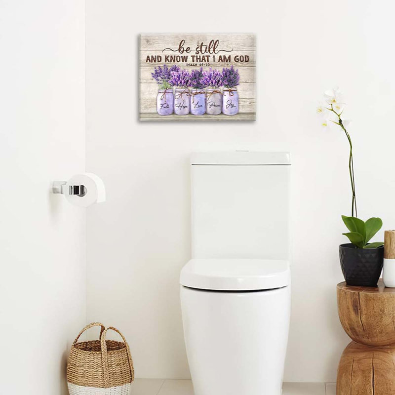 Lavender Bathroom Flower Decor Wall Art Be Still And Know That I Am God Rustic Floral Purple Pictures Wall Decor Religion Canvas Painting.