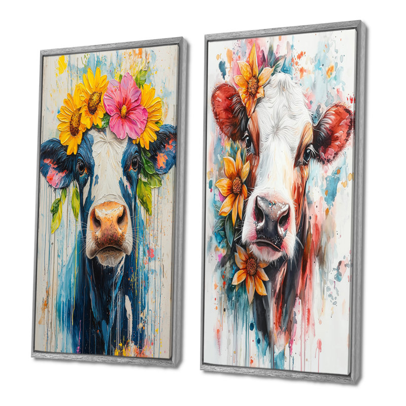 Vache, peinture avec fleurs de ferme I - animaux, art mural 2 panneaux, H 40 po x l 41 po, Encadrement argenté