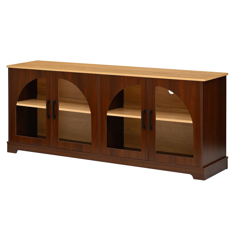 Farmhouse TV Stand With Semi-Arched Glass Doors For Tvs Up To 70", Elegant Two-Tone Media Console With Adjustable Shelves, Wood Grain Sideboard With Cable Management