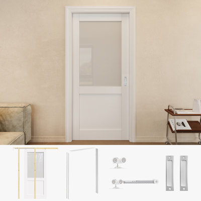 36" x 80" Half-Lite Frosted Glass Sliding Closet Pocket Door with Silver Hardware & White Pocket Door Frame / Handle