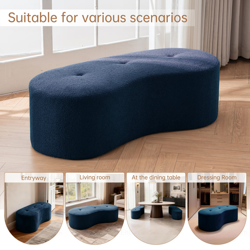 51-Inch Tufted Chenille Curved Accent Bench For Bedroom or Dinning room Living room,Compression Bench, Blue Teddy
