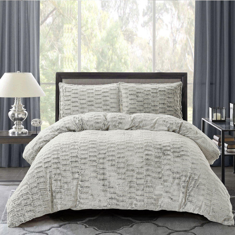 3 Piece Faux Fur Duvet Cover Set, King Duvet Cover + 2 King Shams, Beige/Light Grey