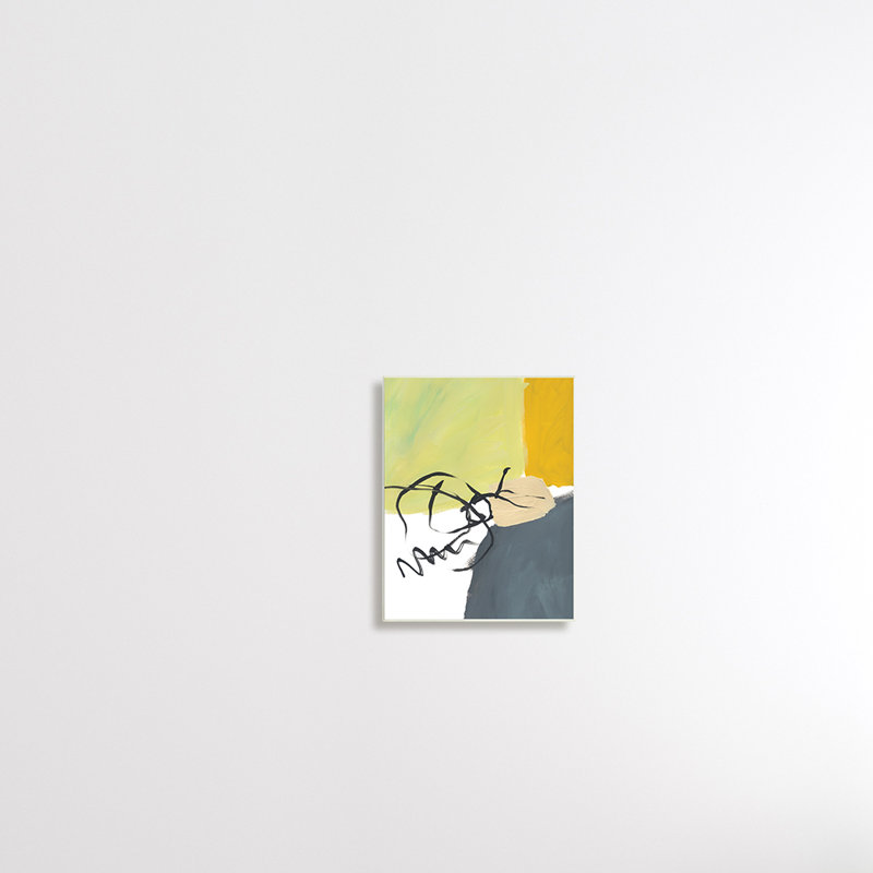 Jaune, gris, formes, fluides, lignes noires - Peinture, H 15 po x l 10 po x P 0,5 po, Unframed