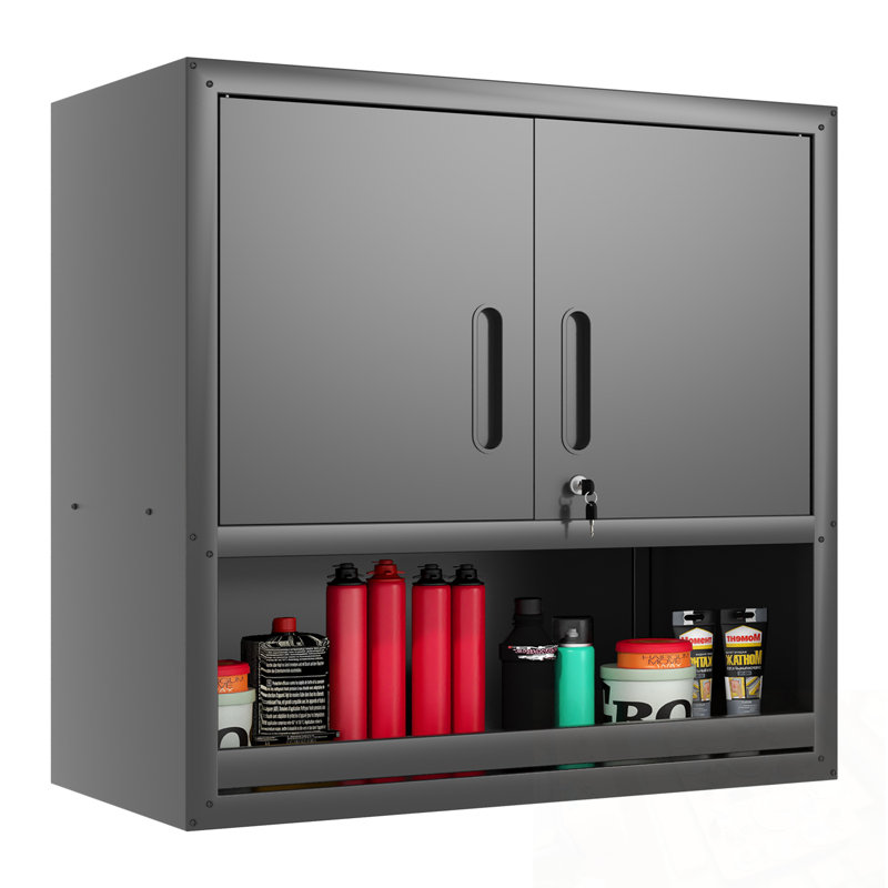 Armoire de rangement murale en métal avec porte verrouillable et tablette ouverte, Noir