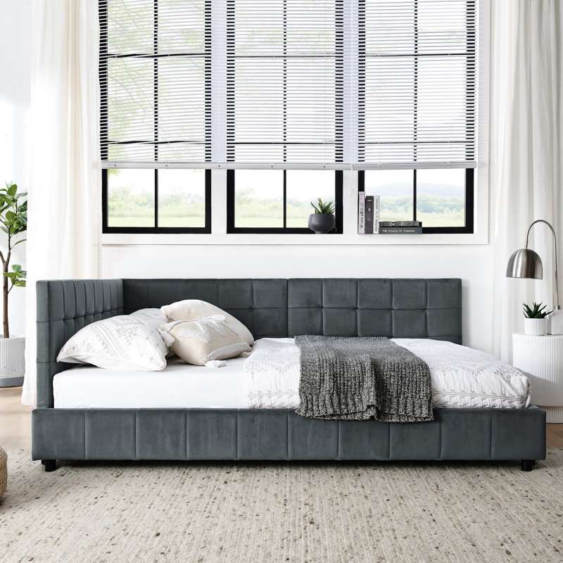 Structure de lit confortable en velours gris avec et pour la chambre à coucher Revêtement moderne avec accoudoirs confortables