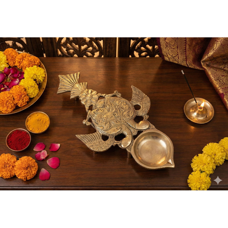 11-Inch Handcrafted Brass Peacock Oil Lamp, 5-Wick Annapakshi Diya for Altar & Traditional Deco
