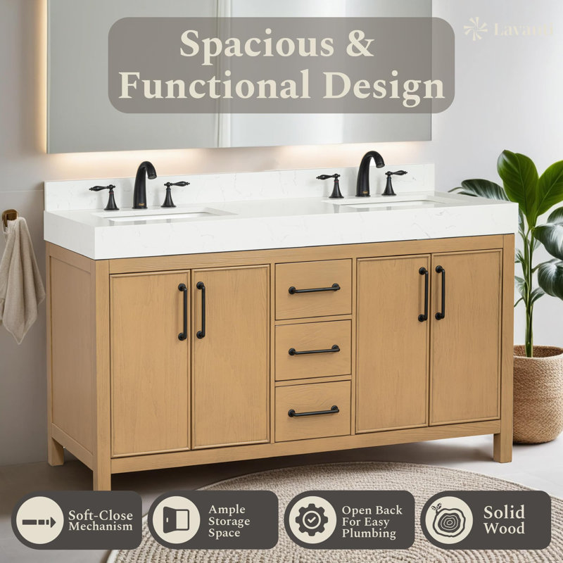 Lavanti Valvet 60 Inch Bathroom Vanity with Sink – 100% Premium Solid Wood, Stylish Firwood Oak Vanity Bathroom with Storage Cabinet – Modern Bathroom Vanities with Double Vanity Sink & 4" Quartz Countertop