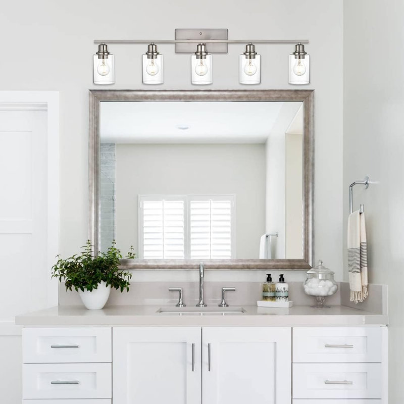 5-Light Bathroom Vanity Fixture With Clear Glass Shade, Brushed Nickel Finish, Indoor Wall Sconce Lighting For Mirror, Living Room, Bedroom, Hallway