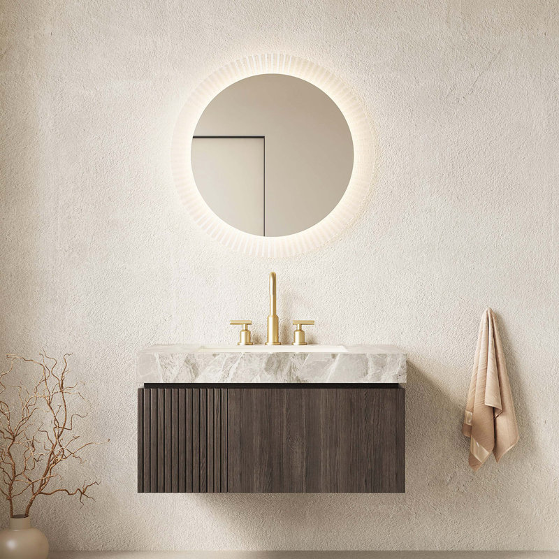 Meuble-lavabo flottant en contreplaqué avec tiroir et porte, comptoir en pierre frittée et lavabo en céramique avec trous de robinet pré-percés