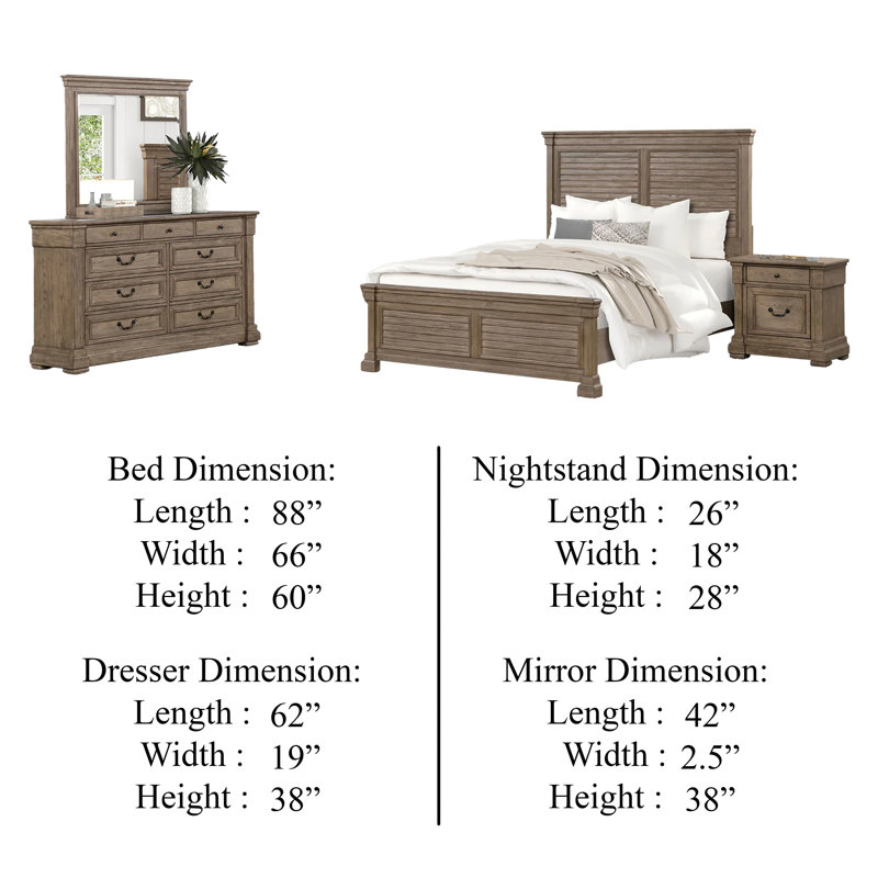 Ensemble de chambre à coucher pour grand lit King, 4 pièces, grande tête de lit à volets, gris vieilli