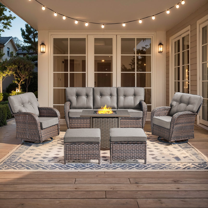 Fiorillo 6-Piece Wicker Rattan Patio Conversation Set With Square Fire Pit Table And Swivel Chairs, Gray
