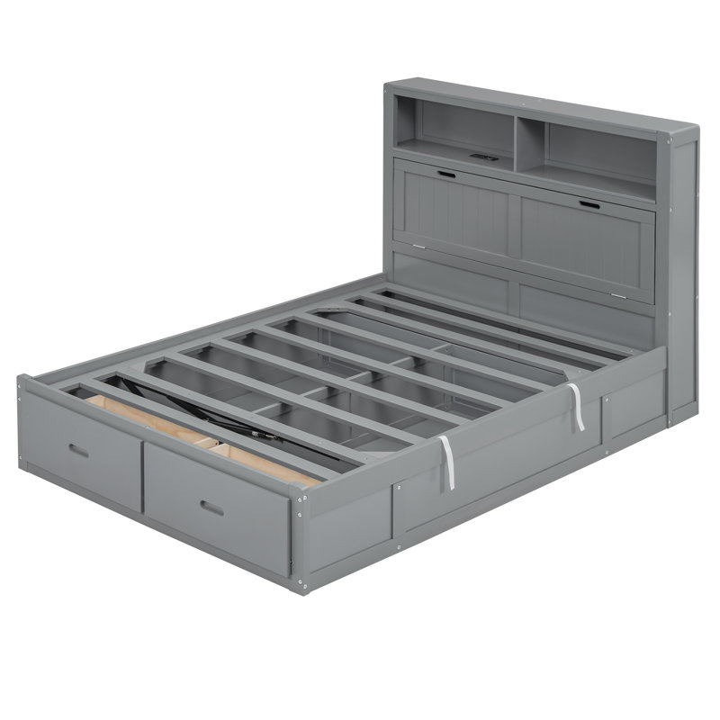 Lit plateforme hydraulique en bois avec tête de lit à DEL avec rangement, Gris, Lit double