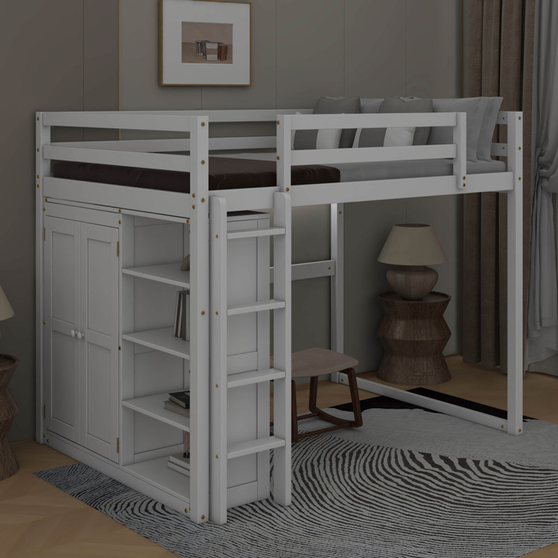Lit mezzanine double avec tablettes et DEL, Blanc