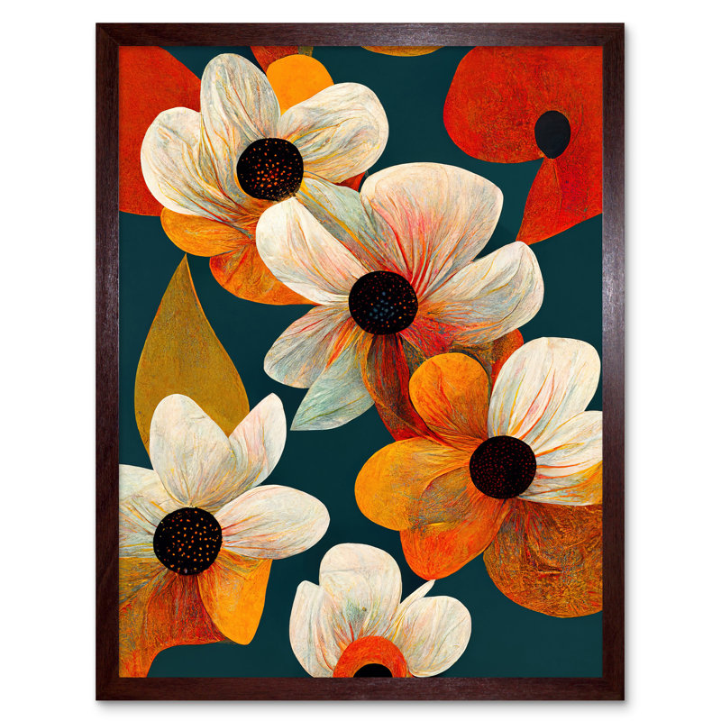 Bold Colourful Daisies And Poppy Flowers - Print, Brown Framed Paper, 43cm H x 33cm W x 2cm D