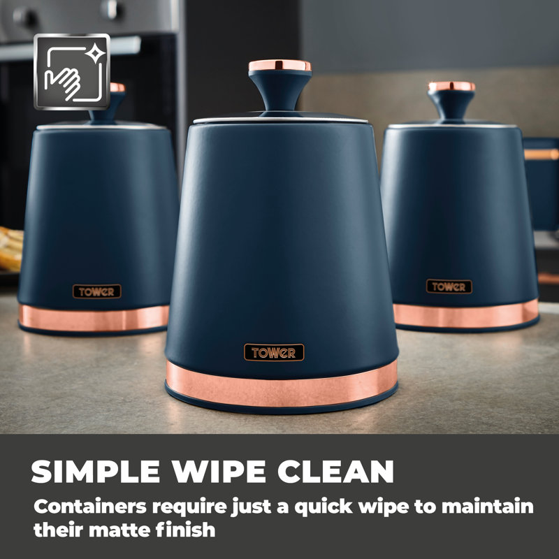 Tower Cavaletto Pieces of 3 Storage Canisters for Tea/ Coffee/ Sugar, Steel, Midnight Blue