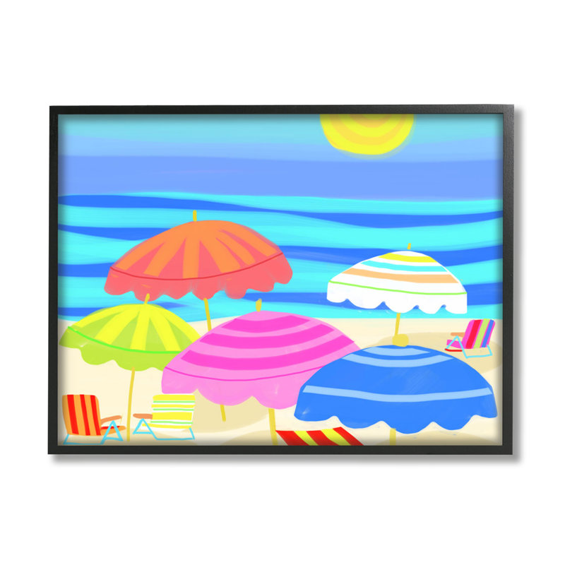 «Vibrant Sun Umbrellas Summer Beach Shore Scene» par Maret Hensick - cadre photo, impression sur bois, Cadre noir