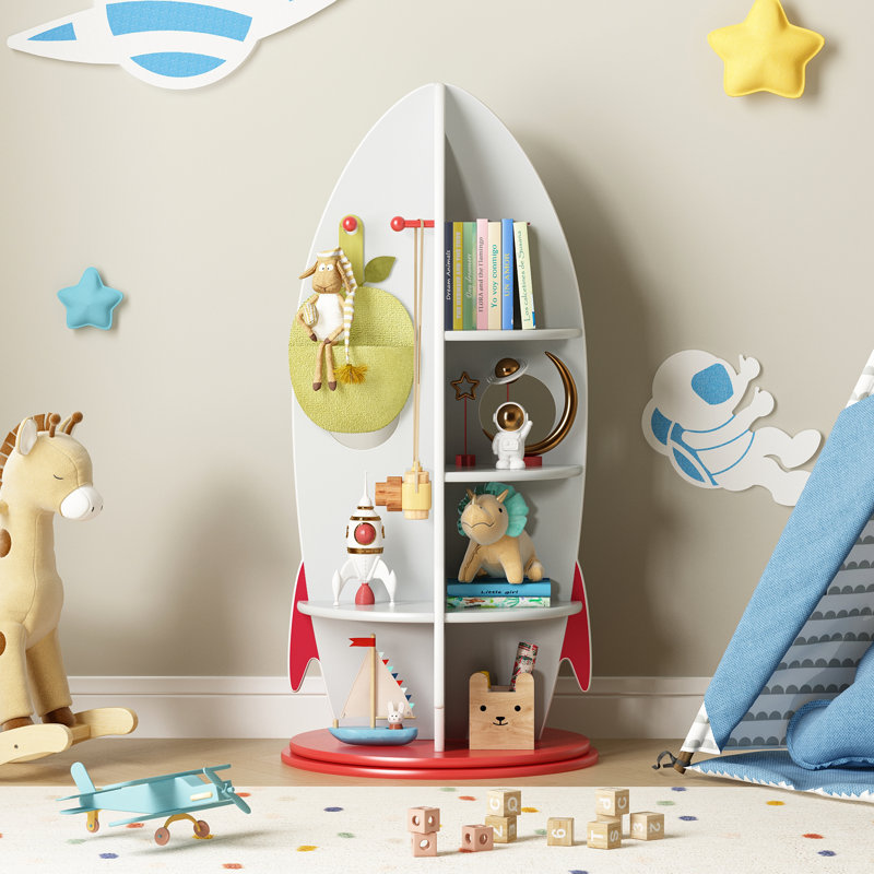 Kids Rocket Bookshelf, 360 Rotating Toy Storage Organizer, Multi-tier Children's Bookcase With Hooks For Playroom & Nursery, Space-themed Corner Display Shelf For Toddlers, Boys & Girls