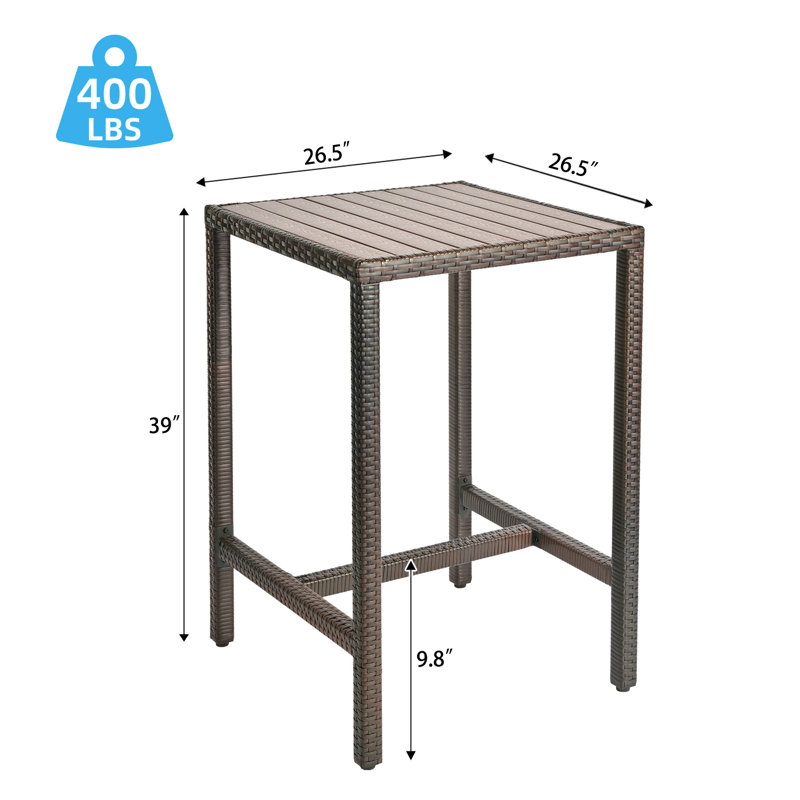 Outdoor Bar Table Patio Bar Height Bistro Table 39" Tall Outdoor High Top Square Pub Patio Table Wicker Rattan Metal Dinning Bar Table With Adjustable Feet For Balcony Outside Pool Deck Backyard Brown