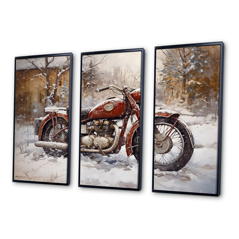Red Rustic Bike In Winter - Ensemble de salon d'art mural moto, Cadre flottant noir, H 32 po x l 48 po x P 1 po