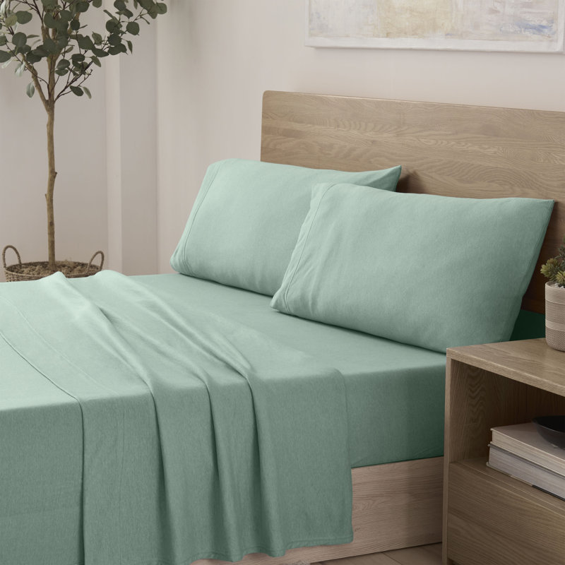 Vellux Solid Jersey Knit Sheets - Cotton Blend, Deep Pocket, Ultra Soft, Green, Queen Sheet Set with 2 Pillowcases