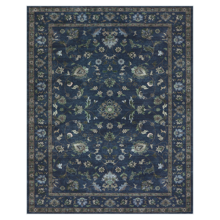 Vintage Floral Vine Washable Area Rug with Non-Slip Backing, Soft Low Pile Carpet for Living Room, Bedroom & Entryway
