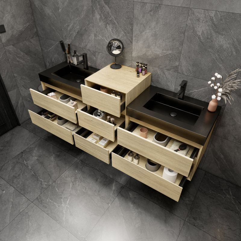Golitz 79'' Double Bathroom Vanity with Stainless Steel Top, Teak