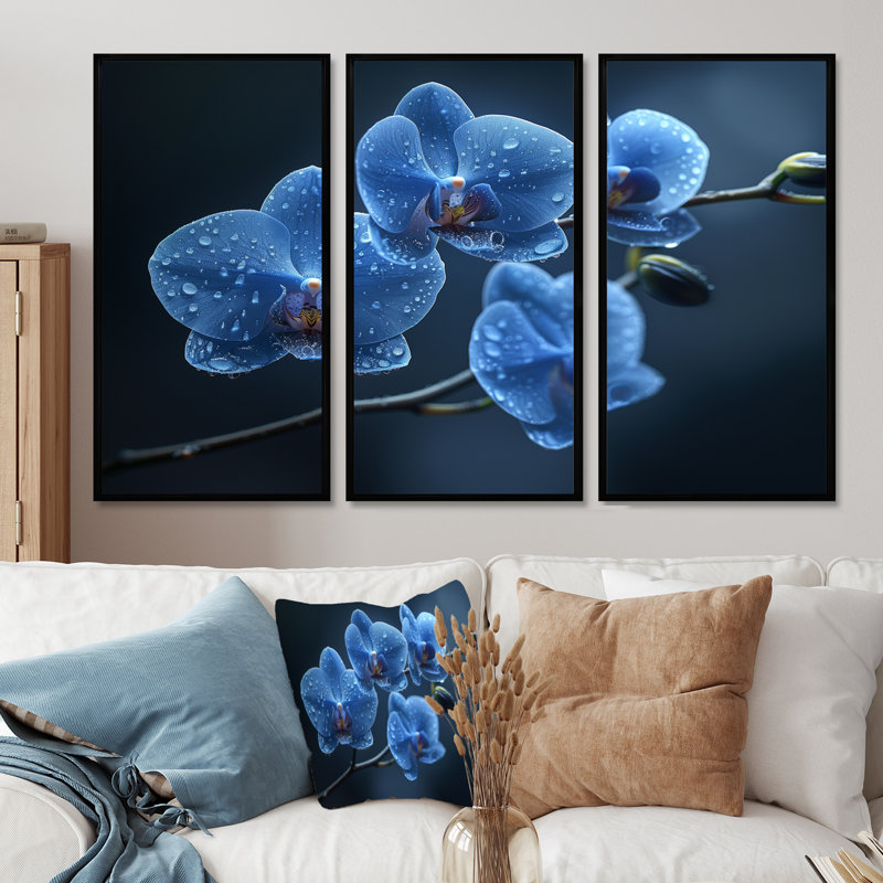 Ensemble de décoration murale Rousey - Orchidées, H 28 po x l 36 po x P 1 po, Toile avec cadre flottant noir