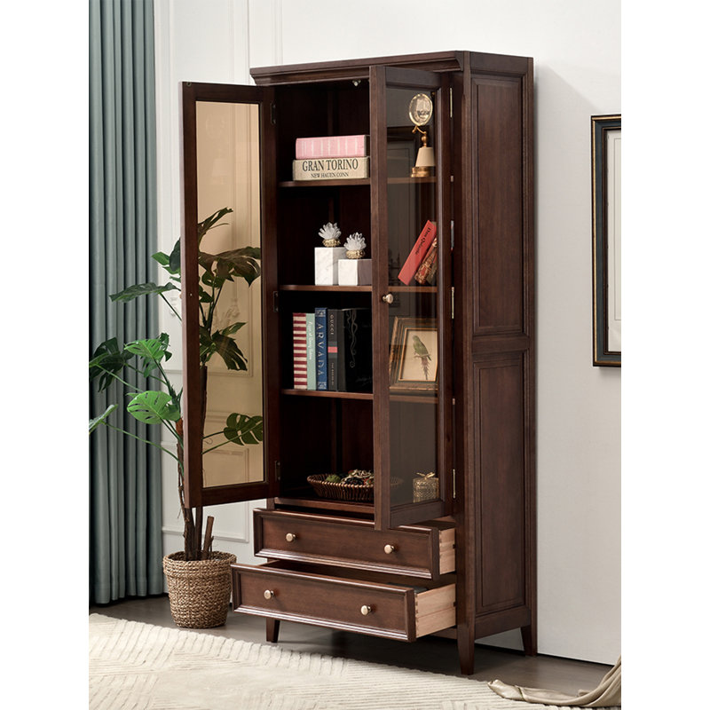 American Walnut Wood Glass-Door Storage Floor-Standing Bookcase