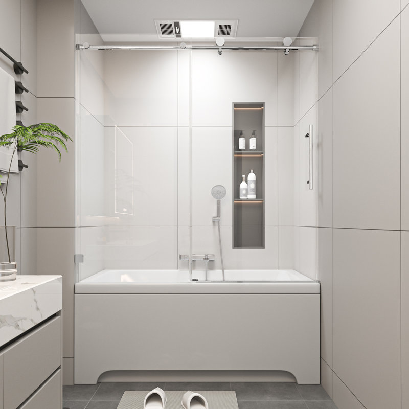 Portes de douche coulissantes simples sans cadre à fermeture en douceur de l 56 à 60 po x H 60 po, verre trempé de 5 po à 16 po d'épaisseur, quincaillerie en acier inoxydable
