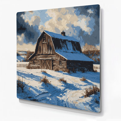 Christmas Snow laden barn in countryside Blue Metal Wall Art