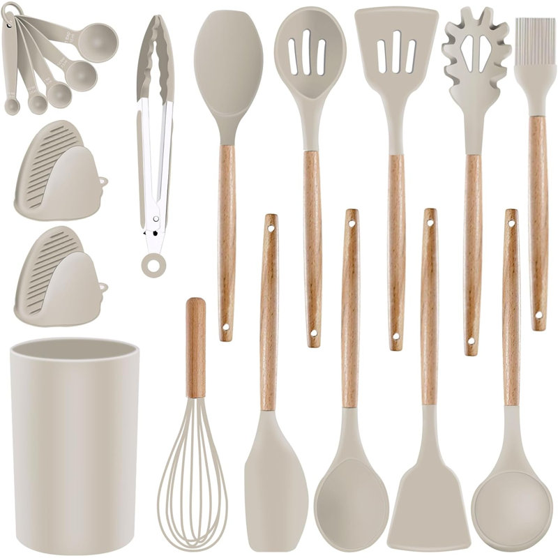 19-Piece Khaki Silicone and Wood Cooking Utensil Set