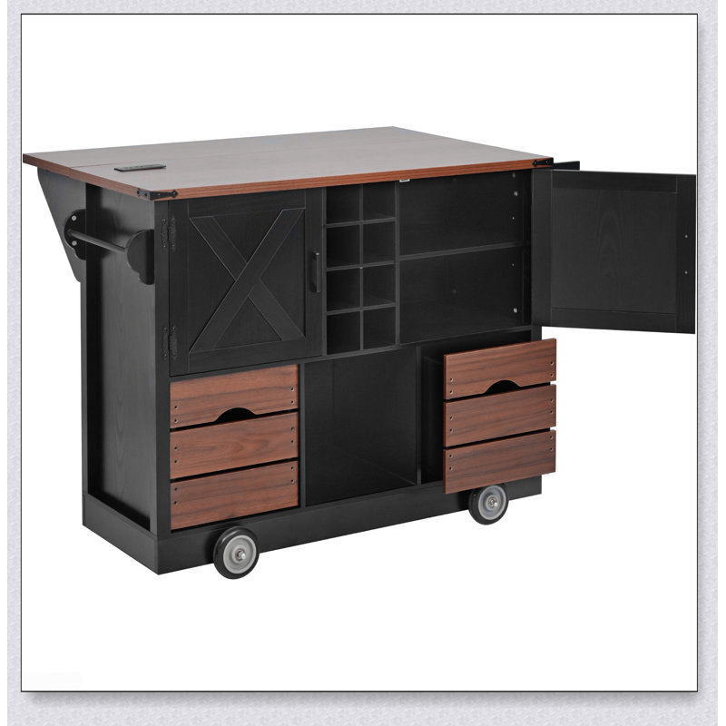 Îlot de cuisine de 54 pouces avec abattant, prise de courant et roulettes pour plus de rangement et de mobilité, Noir