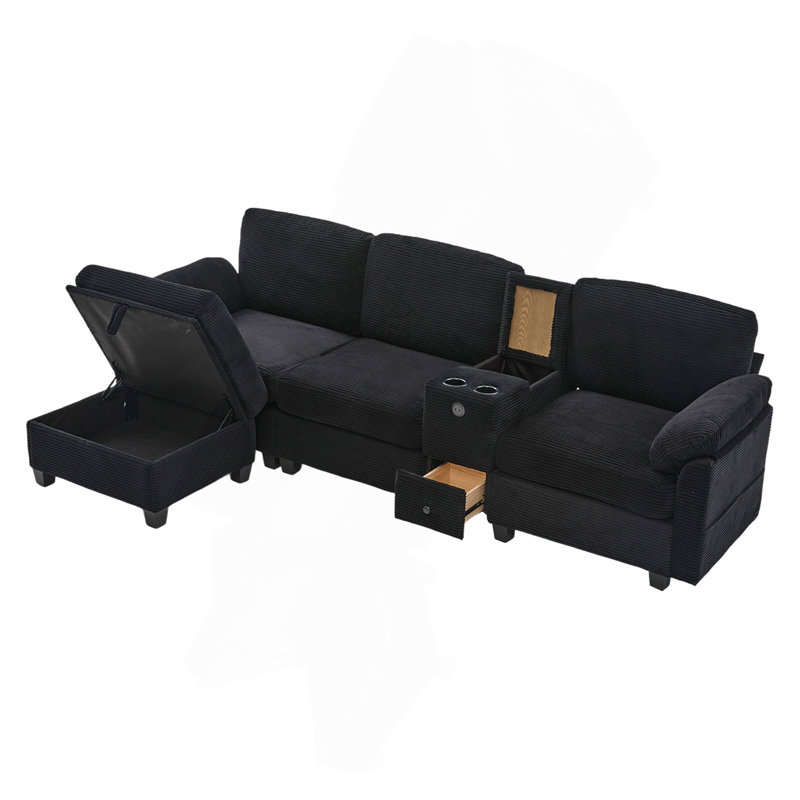 Canapé en velours côtelé multifonctionnel de type L: conception segmentée à 4 places avec porte-gobelet / USB / boîte de rangement, équipé d'une console mobile et d'un espace de rangement de style repose-pieds, optimisé pour