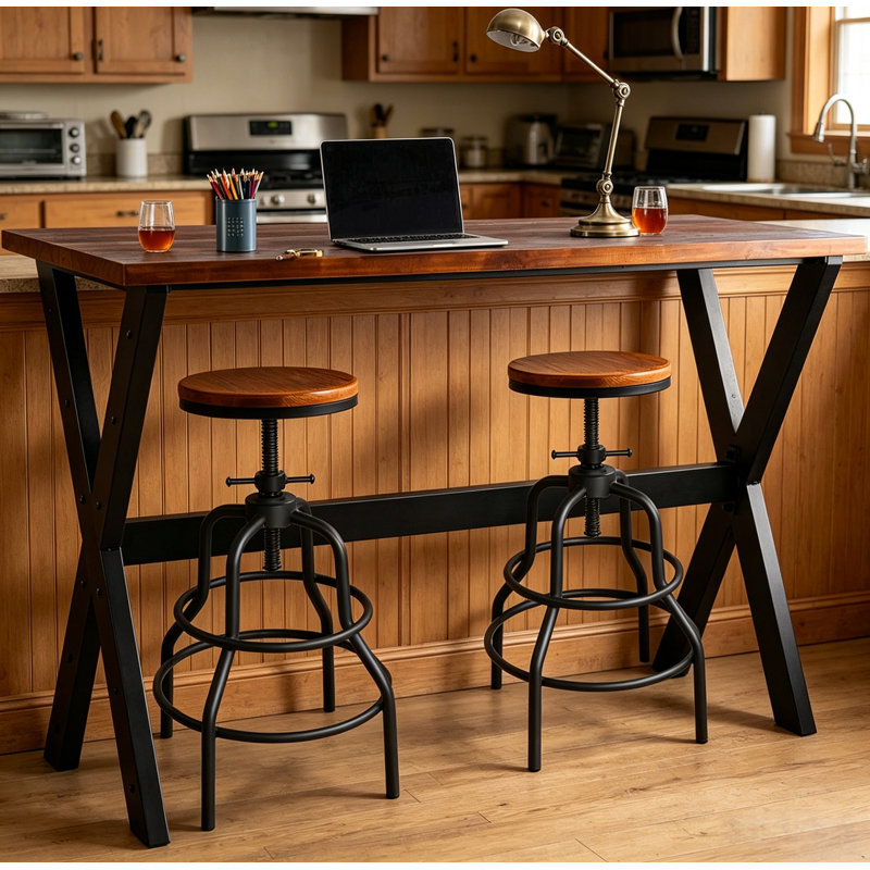 3-Piece Table & Chairs Set, Space-Saving Furniture For Home Bar Dining Cafe Pub, Industrial Black Metal & Rustic Brown Wood, Heavy Duty, X-Leg Rectangular Table, 2 Swivel Adjustable High Barstools