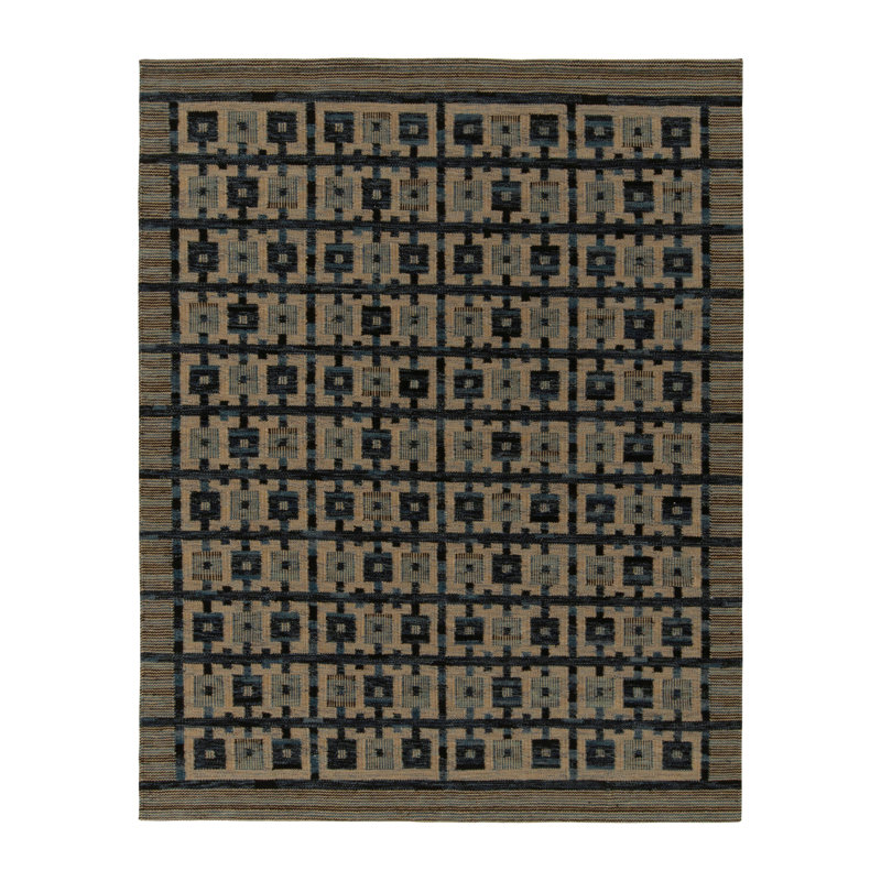 Rug & Kilim’S Scandinavian Rug In Blue And Beige-Brown Geometric Pattern, Rectangle 9' x 12'