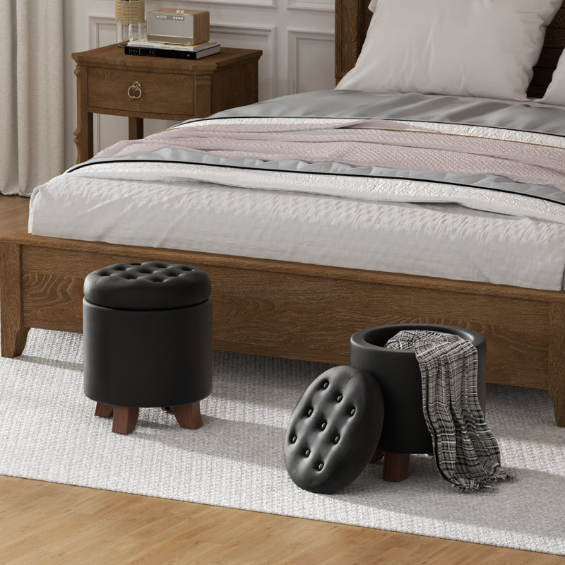 Upholstered Storage Ottoman, PU Leather Button Tufted Footrest Round Footstool With Removable Bin, Black