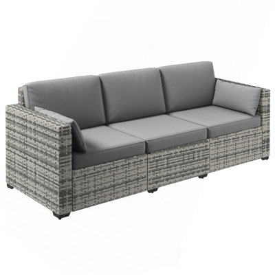 Wicker Patio Couch, Rattan 3-Seat Sofa, Outdoor Furniture with Deep Seating, Cushions, Steel Frame, Gray