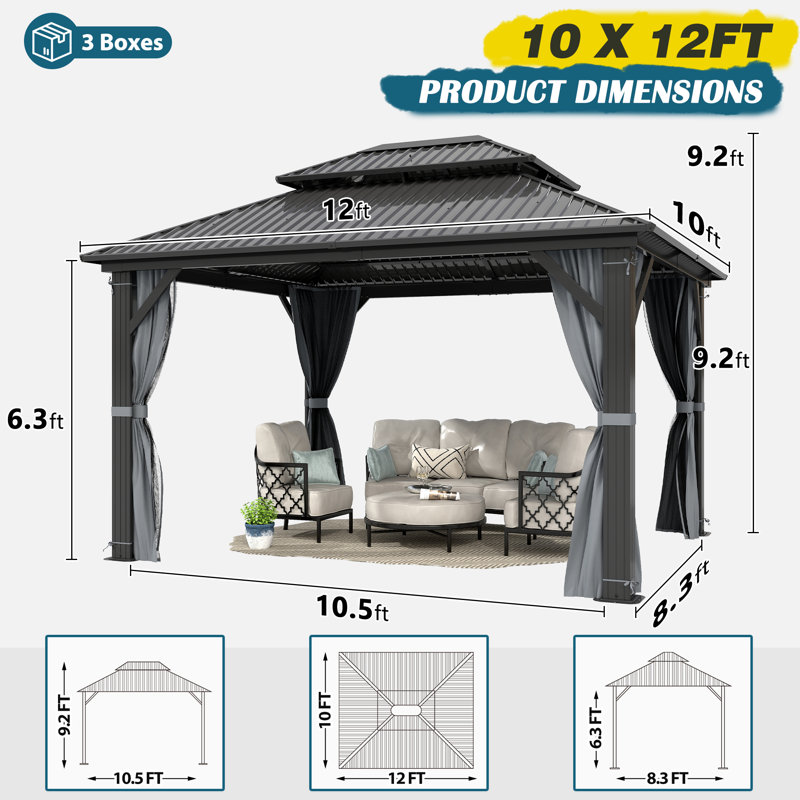 Pavillon de jardin extérieur en aluminium 10 pi x 12 pi, pavillon en acier galvanisé à toit rigide avec rideau d'intimité et moustiquaire
