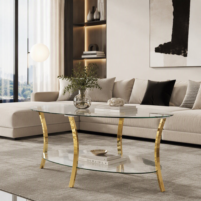 Table basse 43,3 po moderne en verre ovale avec pieds en métal, verre trempé transparent, rangement à double couche de verre