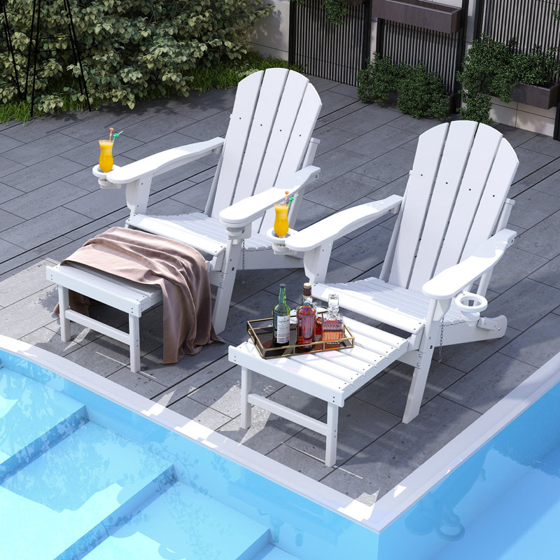 Set Of 2 Folding Adirondack Chair with Ottoman&Cup Holder, White