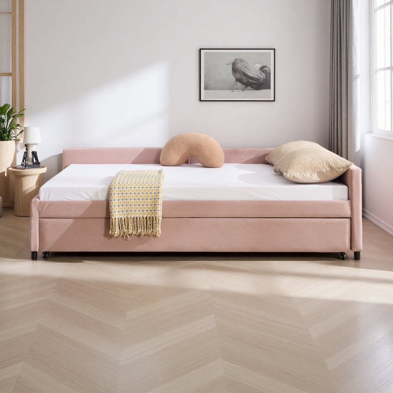 Lit de jour rembourré avec lit gigogne, structure de lit en bois robuste, conception de grille de diamant moderne, pour chambre à coucher, chambre d'amis