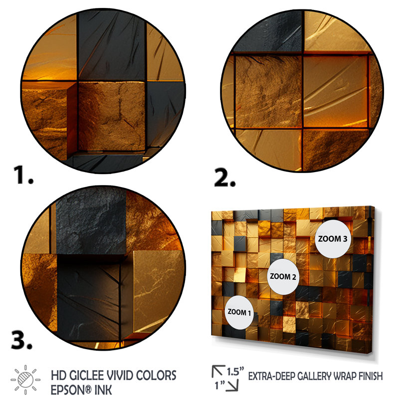 Grunge cubes dorés abstrait géométrique IV - art mural abstrait géométrique, Cadre flottant doré, H 12 po x l 20 po x P 1 po