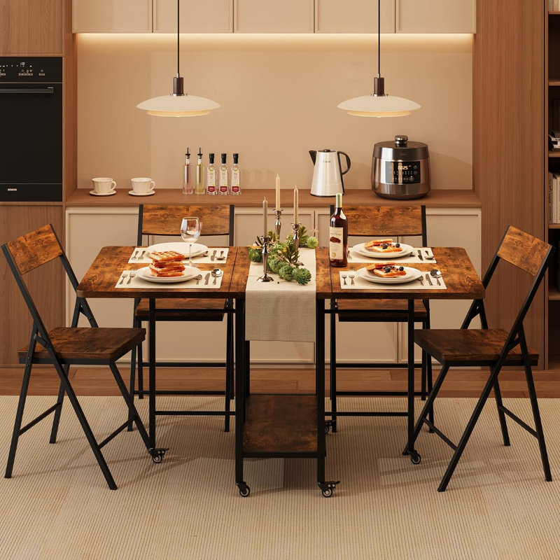 Ensemble de table de salle à manger pour 4 personnes, table de salle à manger pliante avec 4 chaises pliantes, table à abattants et chaises pivotantes, pour petit espace, appartement, cuisine, salle à manger, brun rustique