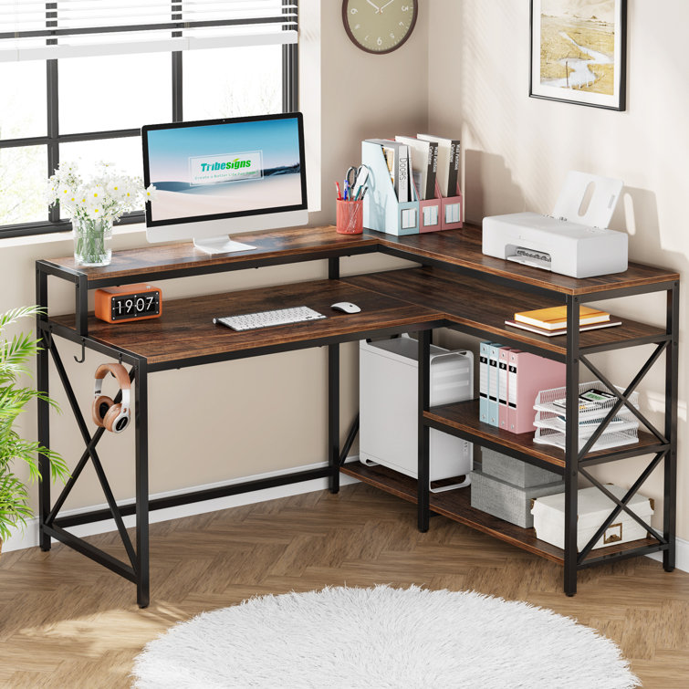 Reversible L-Shaped Desk, 67 Large Computer Writing Desk with Hutch